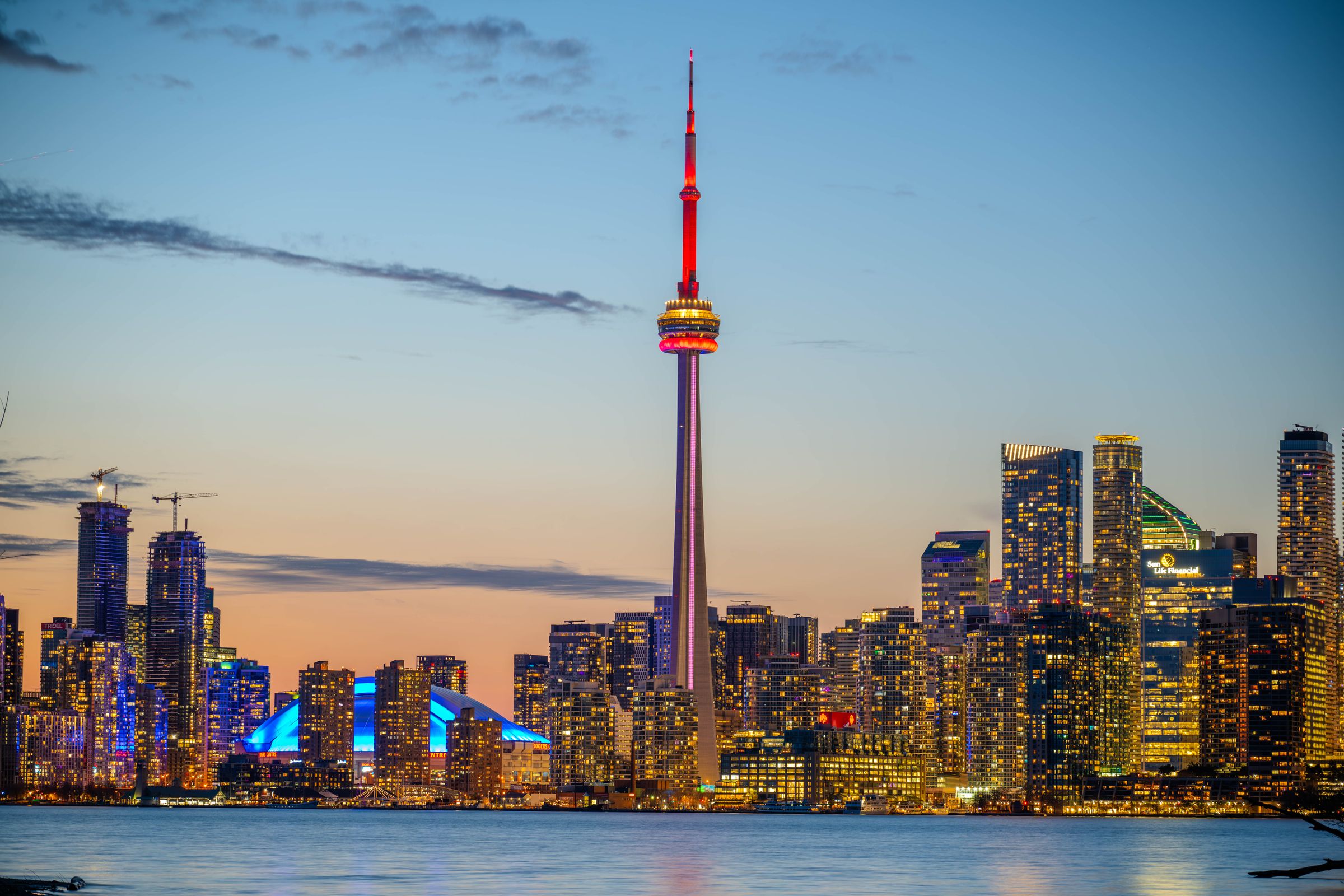 The Toronto skyline and CN Tower at dusk